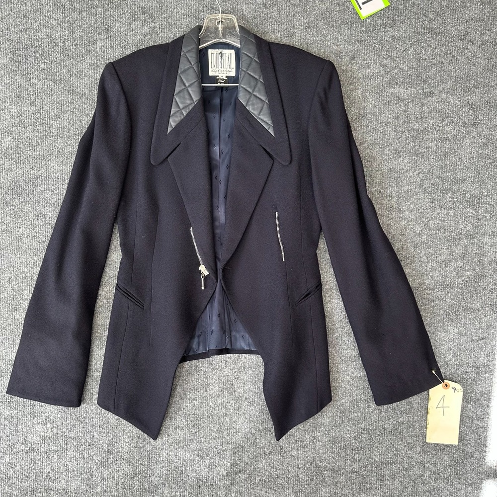Drop Dead Collection 2-Piece Blazer & Skirt Women 6/4 Navy Quilted Collar Career
